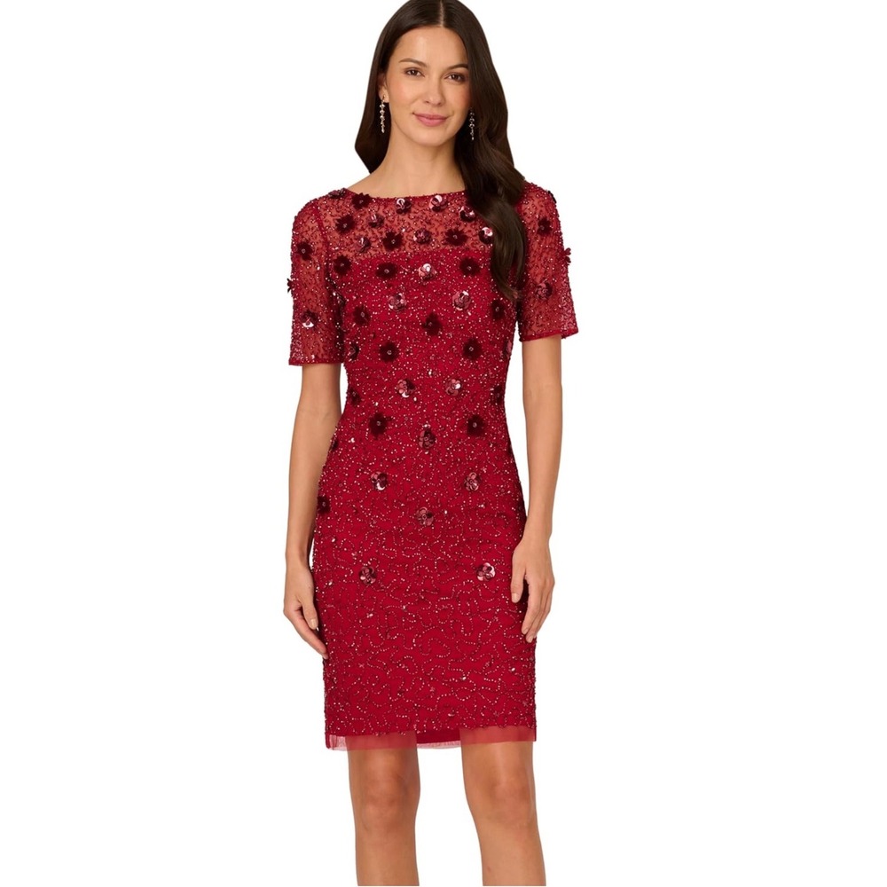 Adrianna Papell Cranberry Velvet Beaded Sequin 3D Floral Sheath Dress Size 16W